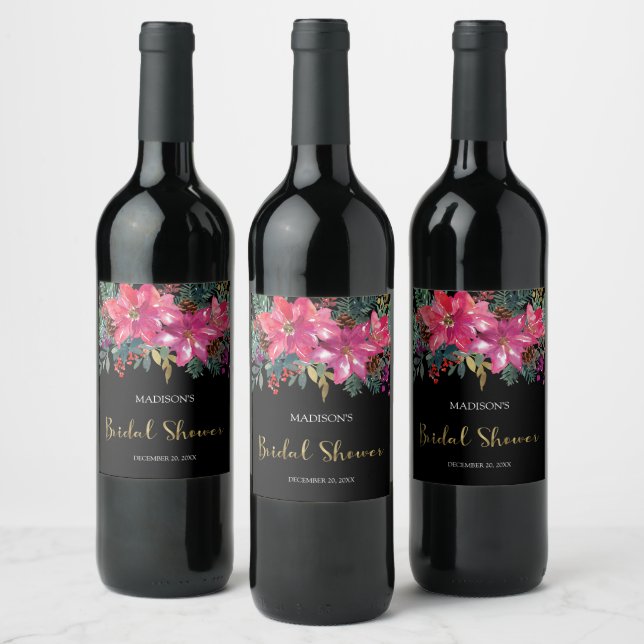 Pink Poinsettia Christmas Bridal Shower  Wine Label (Bottles)