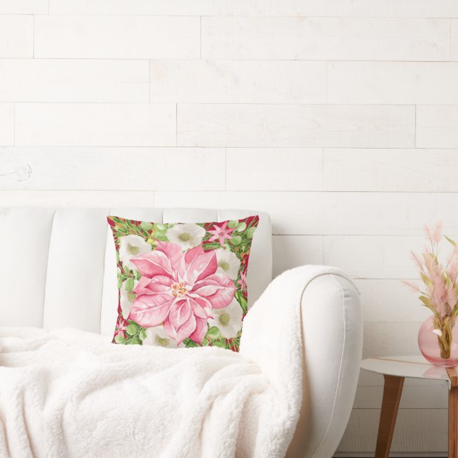 Pink Poinsettia Christmas Throw Pillow (Couch)