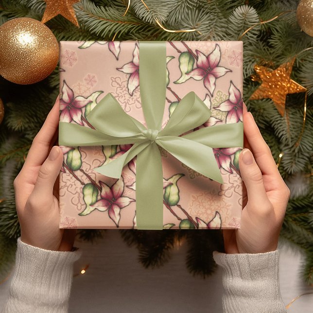 Pink Poinsettia Diagonal Stripe Christmas  Wrapping Paper (Pink Poinsettia Diagonal Stripe Christmas Wrapping Paper)