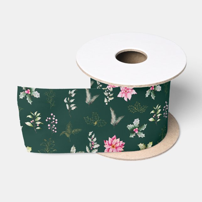 Pink Poinsettia Flowers and Foliage on Dark Green Satin Ribbon (Spool)