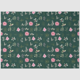 Pink Poinsettia Flowers and Foliage on Dark Green Tissue Paper