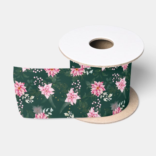 Pink Poinsettia Flowers on Dark Green Satin Ribbon (Spool)