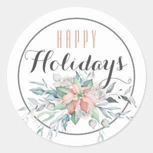 Pink Poinsettia  Happy Holiday / White Classic Round Sticker
