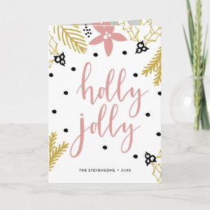 Pink Poinsettia Holly Jolly   Photo Holiday Card