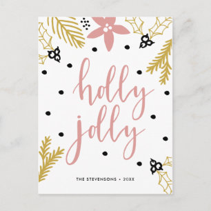 Pink Poinsettia Holly Jolly   Photo Holiday Card