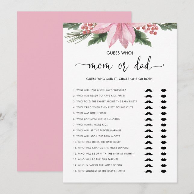 Pink Poinsettia Mom or Dad Baby Shower Game Card (Front/Back)