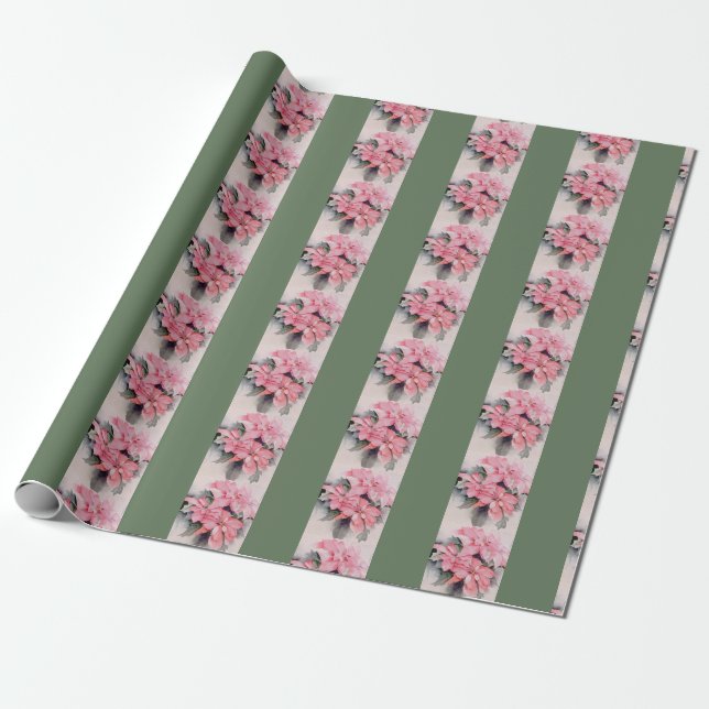 Pink Poinsettia Original Watercolor Stripe Wrapping Paper (Unrolled)