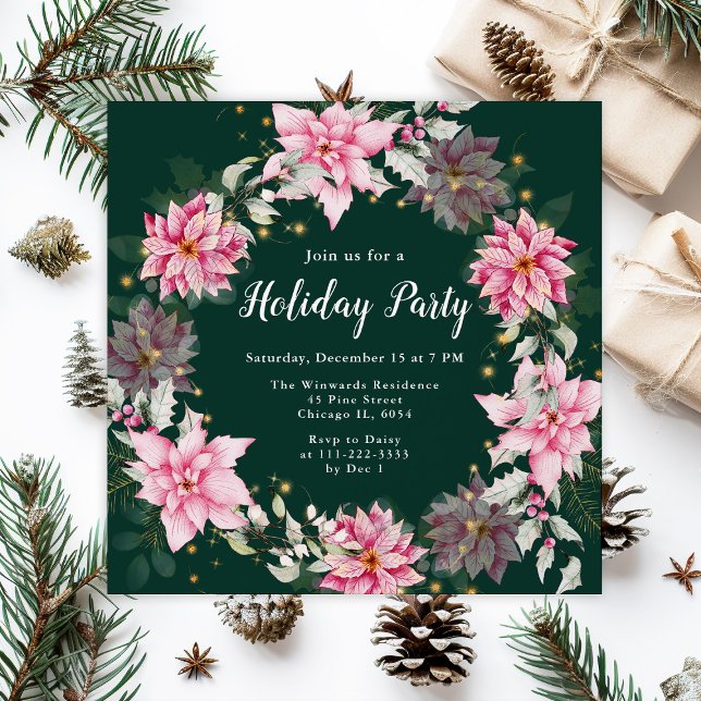 Pink Poinsettia Wreath Holiday Party Invitation (Creator Uploaded)