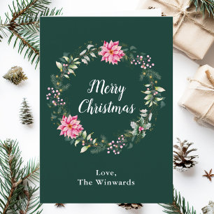 Pink Poinsettia Wreath Merry Christmas Holiday Card