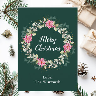 Pink Poinsettia Wreath Merry Christmas Holiday Card