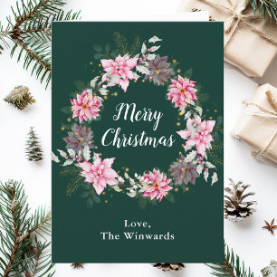 Pink Poinsettia Wreath Merry Christmas Holiday Card