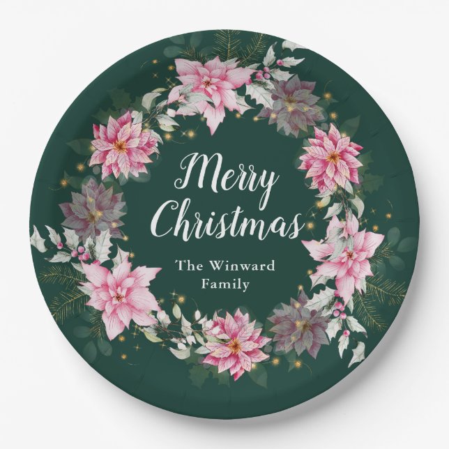 Pink Poinsettia Wreath Merry Christmas Paper Plate (Front)