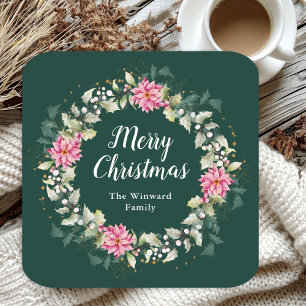 Pink Poinsettia Wreath Merry Christmas Square Paper Coaster