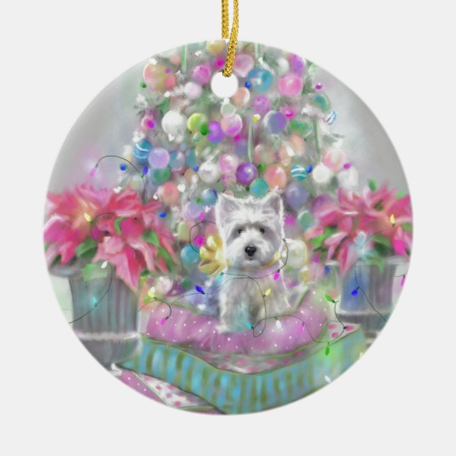 Pink Poinsettias Ceramic Ornament (Front)