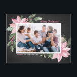 Pink Poinsettias Chalkboard Merry Christmas Photo Holiday Postcard<br><div class="desc">Merry Christmas! Send holiday greetings to family and friends with this customizable botanical postcard. It features watercolor illustration of pink poinsettias,  berries,  cotton and hollies on a faux chalkboard background. Personalize by adding photos and your own texts. This pink floral Christmas postcard is available in a variety of cardstock.</div>