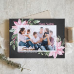 Pink Poinsettias Chalkboard Photo Happy Holidays Holiday Card<br><div class="desc">Happy Holidays! Customizable floral Christmas flat card featuring watercolor illustration of pink poinsettias, berries, cotton and hollies on a faux chalkboard background. Personalize by adding photos and your own texts. This pink floral Christmas card is available in a variety of cardstock. Send holiday greetings to family and friends with this...</div>