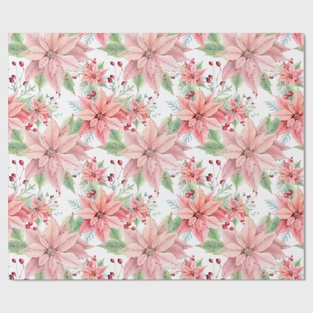 Pink Poinsettias Christmas Flower Pattern Wrapping Paper (Flat)
