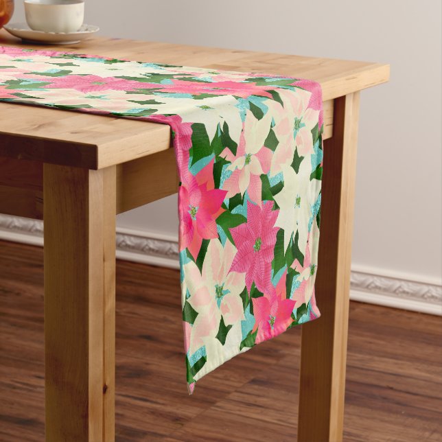 Pink Poinsettias Christmas Short Table Runner (In Situ)
