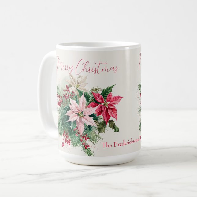 Pink Poinsettias Elegant Christmas Coffee Mug (Front Left)