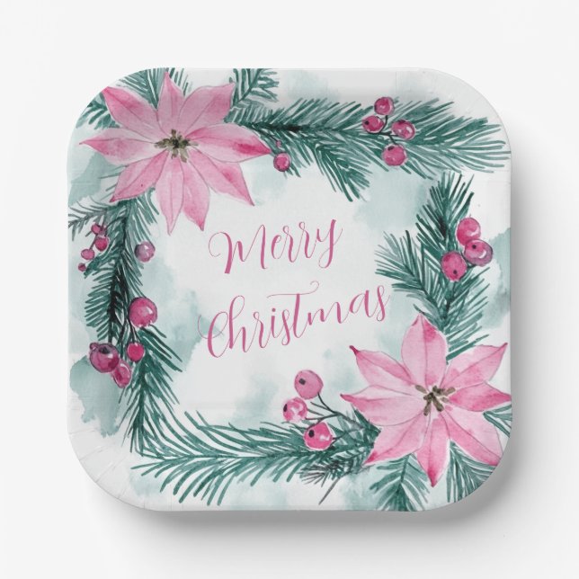 Pink Poinsettias Floral Christmas Paper Plate (Front)