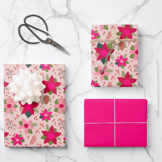 Pink Poinsettias Wrapping Paper (Front)