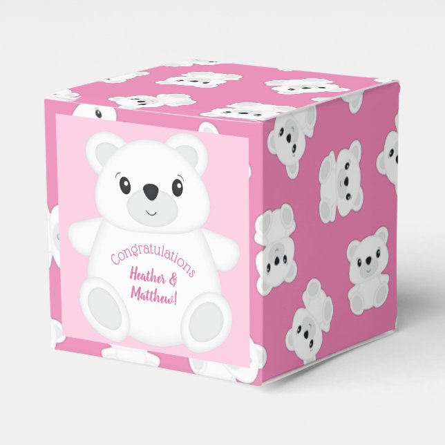 Pink Polar Bear Baby Shower Favor Box (Front Side)