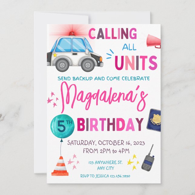 Pink Police girl Birthday Party Invitation (Front)