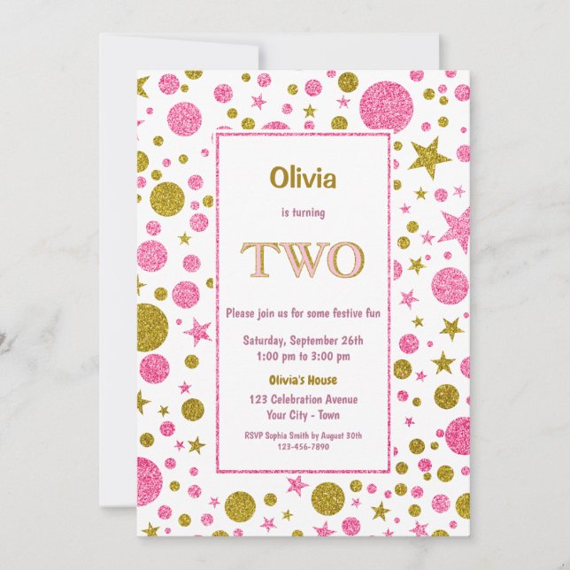 Pink Polka Dot 2nd Birthday Party Invitation (Front)