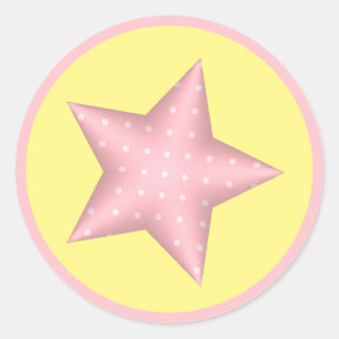 Pink Polka Dot 3D Star on Yellow Classic Round Sticker
