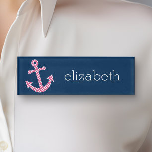 Pink Polka Dot Anchor with Navy Custom Name Tag