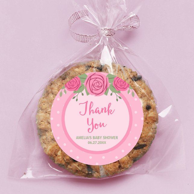 Pink Polka Dot and Roses Thank You Classic Round Sticker (Creator Uploaded)