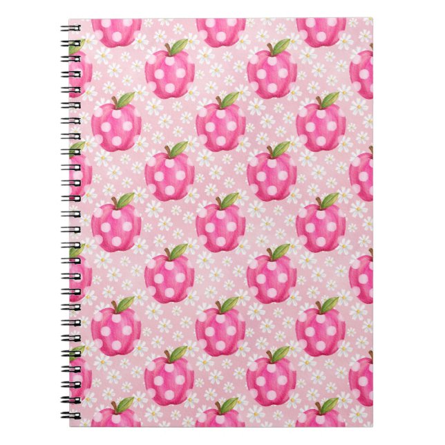 Pink Polka Dot Apple & Daisy Seamless Pattern Notebook (Front)