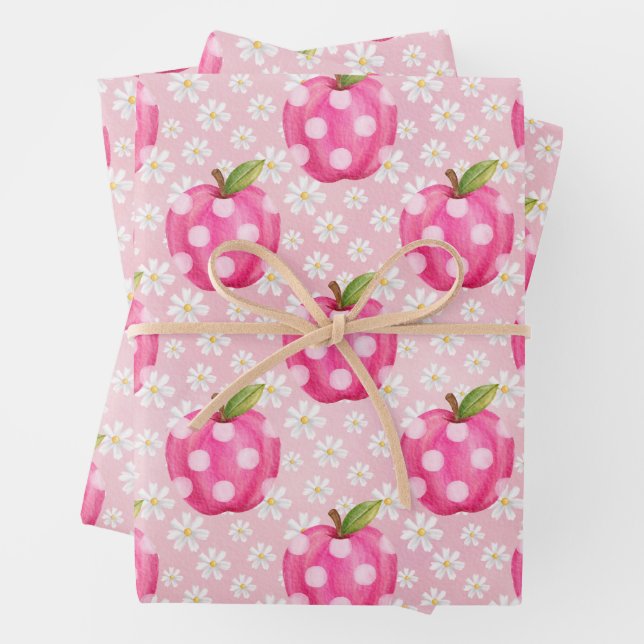 Pink Polka Dot Apple & Daisy Seamless Pattern Wrapping Paper Sheet (In situ)