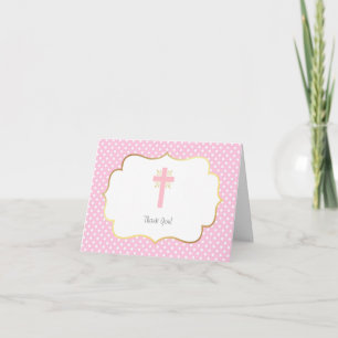 Pink Polka Dot Baptism Thank You Gold and Cross Card
