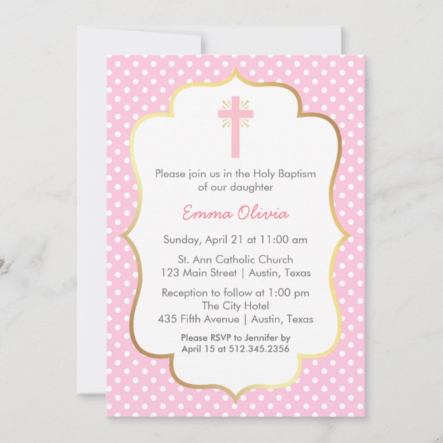 Pink Polka Dot Baptism with Cross and Gold Border Invitation (Front)