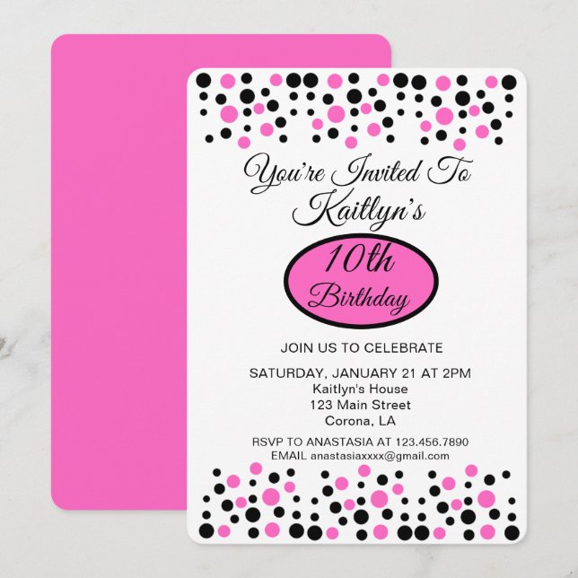 Pink Polka Dot Birthday Party Invitation (Front/Back)