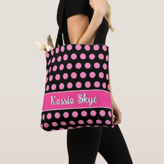 Pink Polka Dot Black Personalized Name Tote Bag