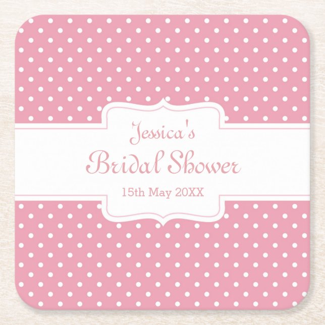 Pink Polka Dot "Bridal Shower" Personalised Square Paper Coaster (Front)