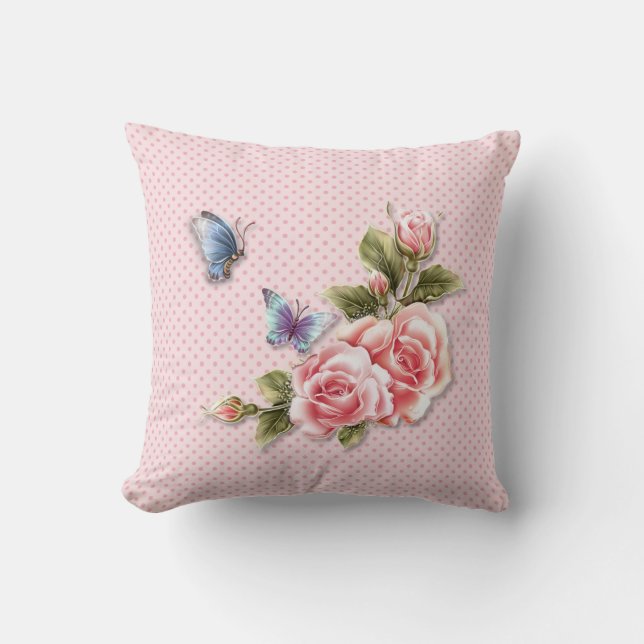 Pink Polka Dot Butterfly Roses Throw Pillow (Front)