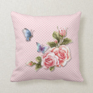 Pink Polka Dot Butterfly Roses Throw Pillow