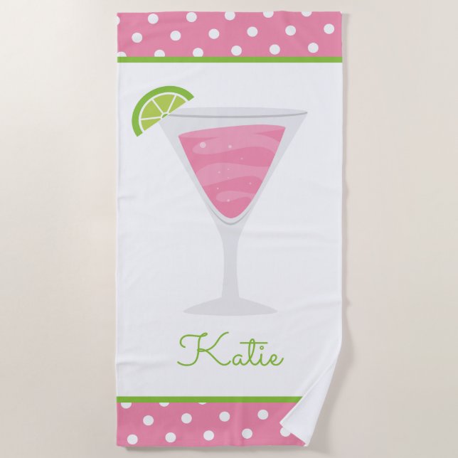 Pink Polka Dot Cocktail Personalized BeachTowel Beach Towel (Front)