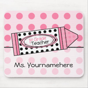 Pink Polka Dot Crayon 1st Grade Teacher Mousepad