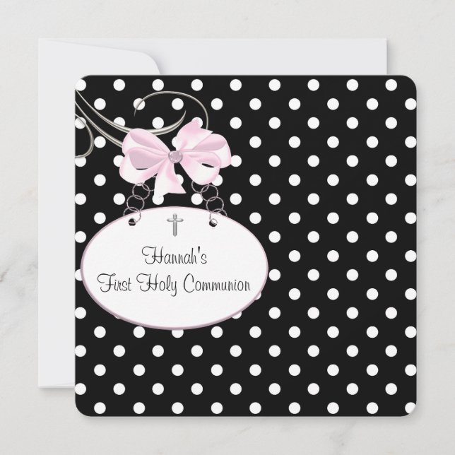 Pink Polka Dot Cross Girls First Communion Invitation (Front)