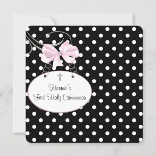 Pink Polka Dot Cross Girls First Communion Invitation