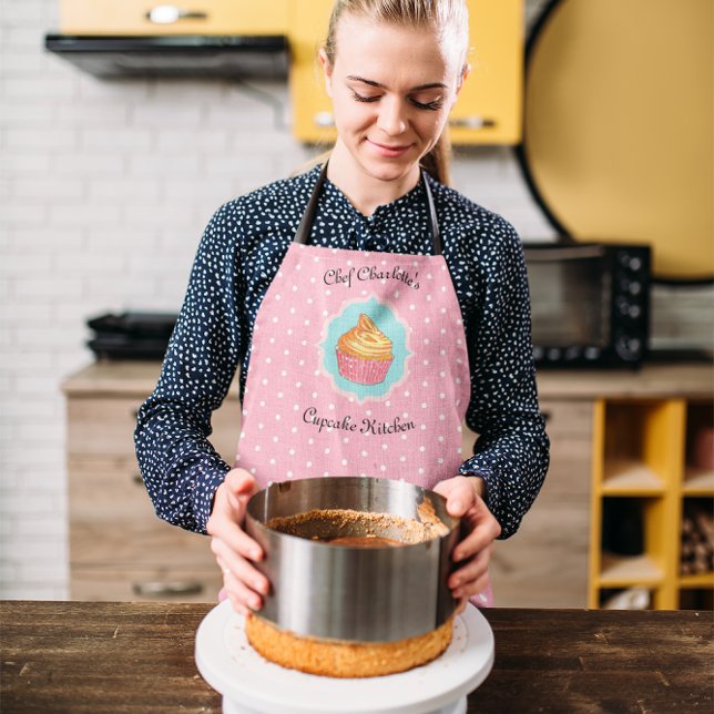 Pink Polka Dot Cupcake Kitchen Personalized Apron (Creator Uploaded)