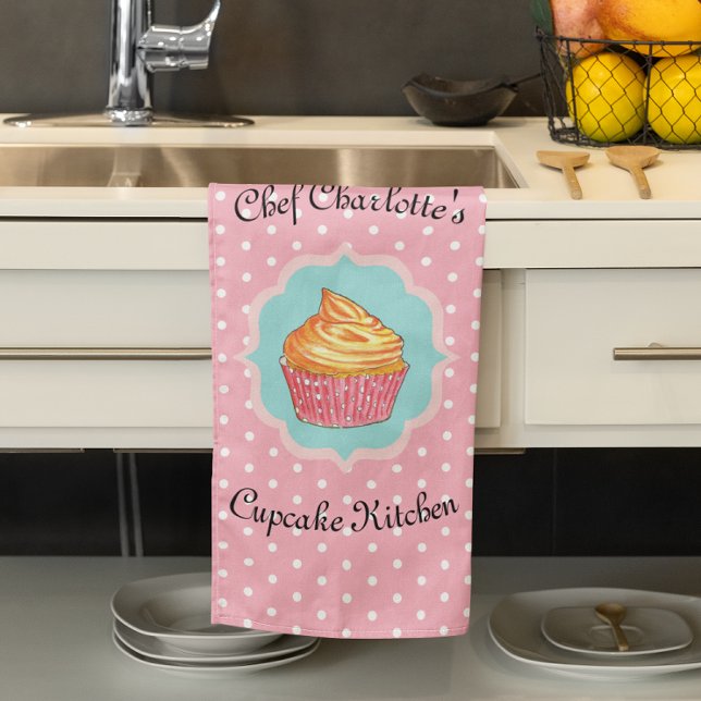 Pink Polka Dot Cupcake Kitchen Personalized Towel (Creator Uploaded)
