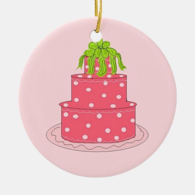 Pink Polka Dot Designer Cake Ceramic Ornament (Front)