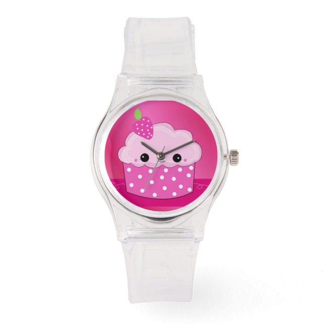 Pink Polka Dot Face Cupcake Watch (Front)
