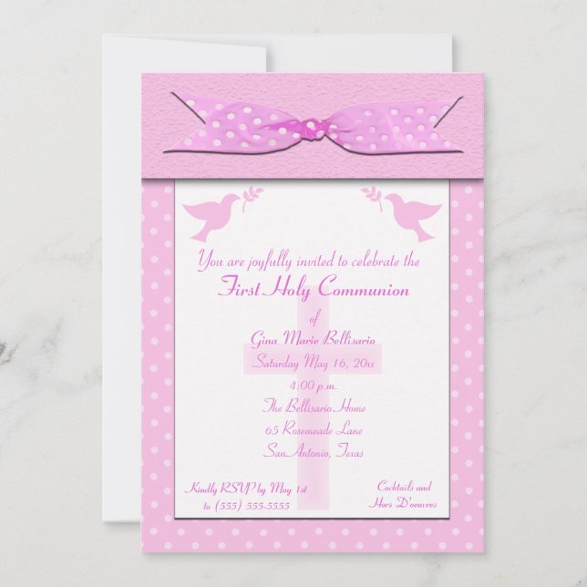 Pink Polka Dot First Holy Communion Invitation (Front)