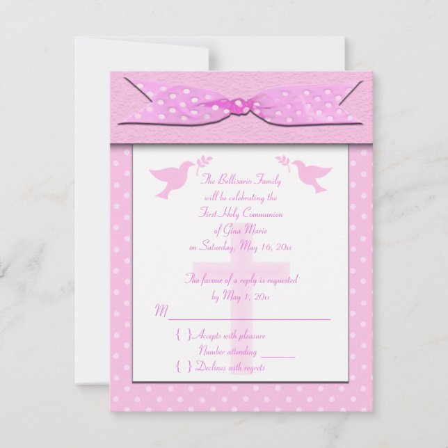 Pink Polka Dot First Holy Communion RSVP Card (Front)